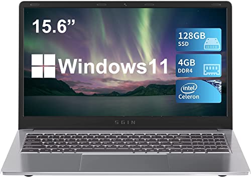 SGIN 15.6 Inch Laptop, 4GB DDR4 128GB SSD Windows 11 Laptops with Intel Celeron Quad Core J4105(up to 2.5 GHz), Intel UHD Graphics 600, Mini HDMI, WiFi, Webcam, USB3.0, Bluetooth 4.2