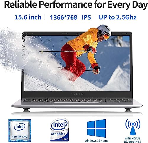 SGIN 15.6 Inch Laptop, 4GB DDR4 128GB SSD Windows 11 Laptops with Intel Celeron Quad Core J4105(up to 2.5 GHz), Intel UHD Graphics 600, Mini HDMI, WiFi, Webcam, USB3.0, Bluetooth 4.2