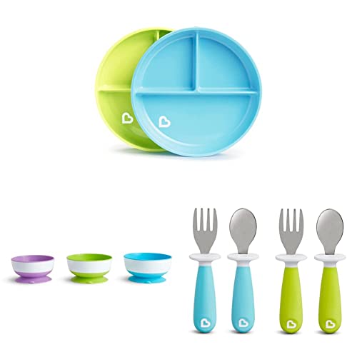 Munchkin Stay Put Divided Suction Plates, Blue/Green & Stay Put Suction Bowls & Raise™ Toddler Fork and Spoon Utensil Set