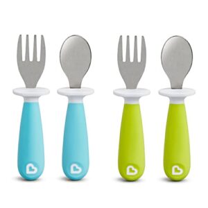 Munchkin Stay Put Divided Suction Plates, Blue/Green & Stay Put Suction Bowls & Raise™ Toddler Fork and Spoon Utensil Set