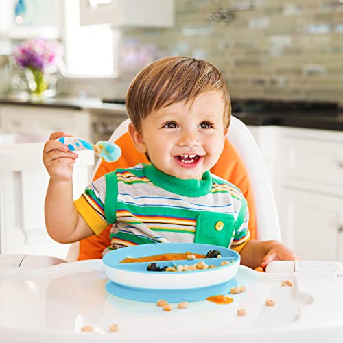 Munchkin Stay Put Divided Suction Plates, Blue/Green & Stay Put Suction Bowls & Raise™ Toddler Fork and Spoon Utensil Set