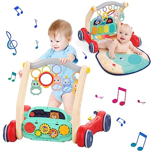 2 in 1 Baby Walker & Play Gym Mat for Boys Girls, Sit to Stand Learning Walker with Musical Piano & Rattles Tummy Time Mat, Babies Floor Activity Push Walker Toys for Infant to Toddler 0 6 9 Months