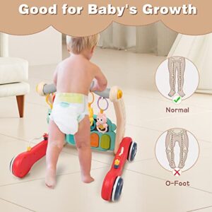 2 in 1 Baby Walker & Play Gym Mat for Boys Girls, Sit to Stand Learning Walker with Musical Piano & Rattles Tummy Time Mat, Babies Floor Activity Push Walker Toys for Infant to Toddler 0 6 9 Months