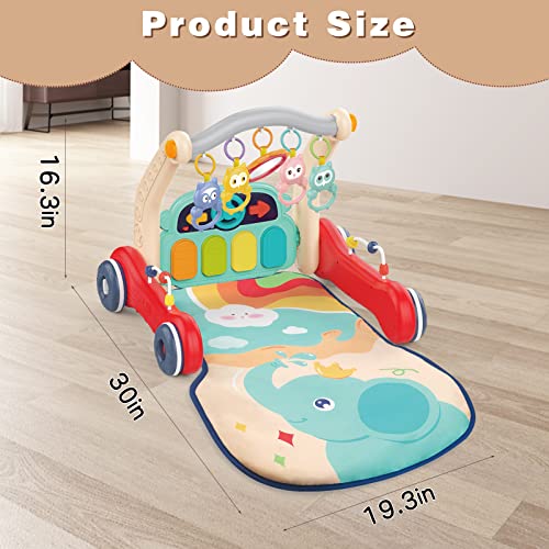 2 in 1 Baby Walker & Play Gym Mat for Boys Girls, Sit to Stand Learning Walker with Musical Piano & Rattles Tummy Time Mat, Babies Floor Activity Push Walker Toys for Infant to Toddler 0 6 9 Months