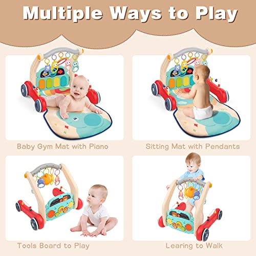 2 in 1 Baby Walker & Play Gym Mat for Boys Girls, Sit to Stand Learning Walker with Musical Piano & Rattles Tummy Time Mat, Babies Floor Activity Push Walker Toys for Infant to Toddler 0 6 9 Months