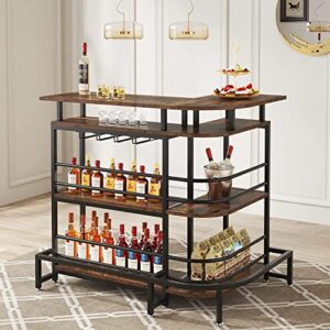 l-shaped home bar unit with 4 glass holders and shelves brown industrial rustic triangle mdf metal wood finish foot rest