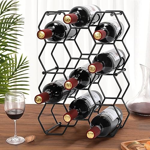 Countertop Wine Rack, 14 Bottle Wine Holder for Wine Storage, Freestanding Metal Wine Rack Honeycomb, No Assembly Required, 3 Tier Tabletop Wine Holder for Cabinet, Pantry, Home, Kitchen Bar(Black)