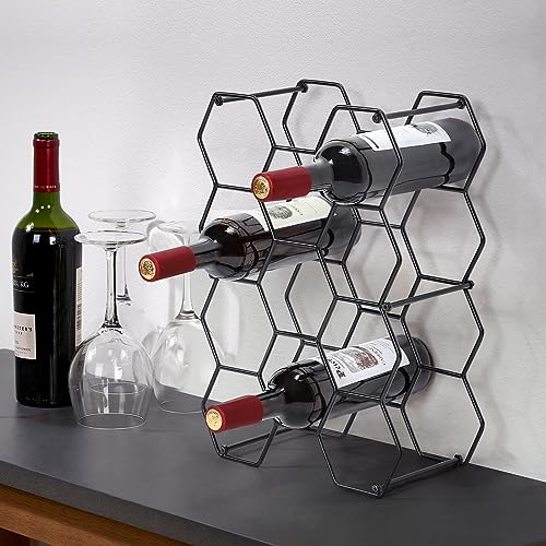 Countertop Wine Rack, 14 Bottle Wine Holder for Wine Storage, Freestanding Metal Wine Rack Honeycomb, No Assembly Required, 3 Tier Tabletop Wine Holder for Cabinet, Pantry, Home, Kitchen Bar(Black)
