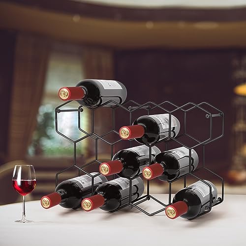 Countertop Wine Rack, 14 Bottle Wine Holder for Wine Storage, Freestanding Metal Wine Rack Honeycomb, No Assembly Required, 3 Tier Tabletop Wine Holder for Cabinet, Pantry, Home, Kitchen Bar(Black)