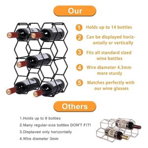 Countertop Wine Rack, 14 Bottle Wine Holder for Wine Storage, Freestanding Metal Wine Rack Honeycomb, No Assembly Required, 3 Tier Tabletop Wine Holder for Cabinet, Pantry, Home, Kitchen Bar(Black)