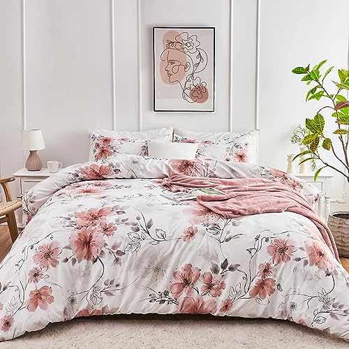 DESIHOM 3 Pieces Floral Duvet Cover Queen Size Light Pink Flower Duvet Covers Set Coquette Spring Duvet Cover with Zipper Comforter Cover Queen Size Pink Bedding Set