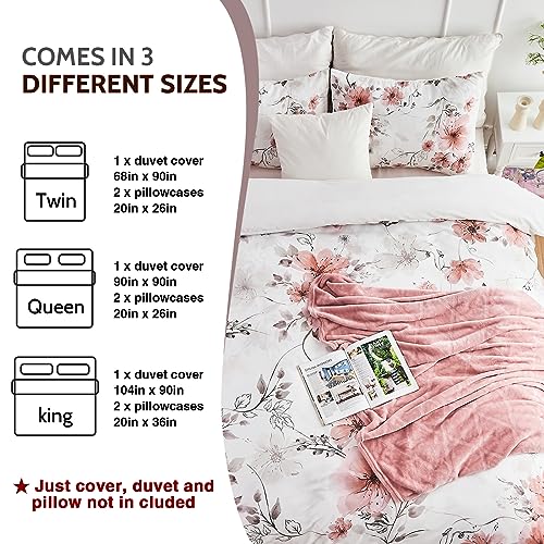 DESIHOM 3 Pieces Floral Duvet Cover Queen Size Light Pink Flower Duvet Covers Set Coquette Spring Duvet Cover with Zipper Comforter Cover Queen Size Pink Bedding Set