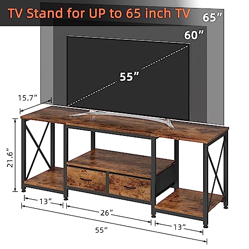 GYIIYUO TV Stand with Drawer for 55 60 65 Inches TV - Entertainment Center and Industrial TV Console Table with Open Storage Shelves for Living Room, Bedroom- 55" Rustic Brown