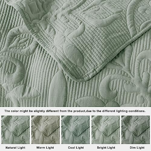 B2EVER Damask Quilt King Size Bedding Sets with Pillow Shams, Boho Lightweight Soft Bedspread Coverlet, Sage Green Quilted Blanket Thin Comforter Bed Cover for All Season, 3 Pieces, 104x90 inches