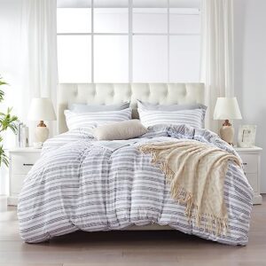 la sheer 3pcs striped farmhouse duvet cover sets king size - reversible white duvet cover with grey rugged stripes pattern printed comforter cover,with zipper closure & corner ties