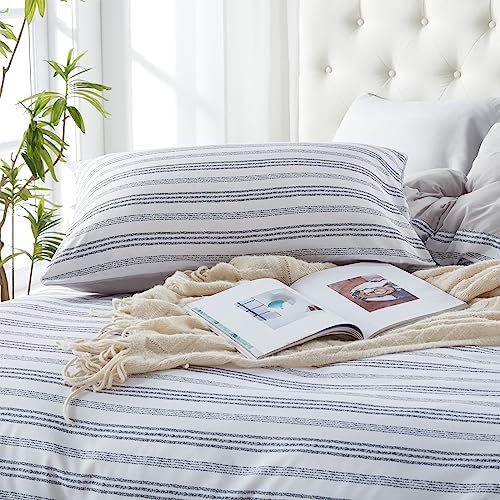 La Sheer 3pcs Striped Farmhouse Duvet Cover Sets King Size - Reversible White Duvet Cover with Grey Rugged Stripes Pattern Printed Comforter Cover,with Zipper Closure & Corner Ties