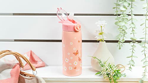 Zak Designs Water Bottle for Travel and At Home, 19 oz Vacuum Insulated Stainless Steel with Locking Spout Cover, Built-In Carrying Loop, Leak-Proof Design (Daisies)