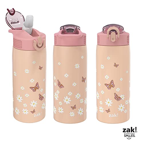 Zak Designs Water Bottle for Travel and At Home, 19 oz Vacuum Insulated Stainless Steel with Locking Spout Cover, Built-In Carrying Loop, Leak-Proof Design (Daisies)