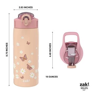 Zak Designs Water Bottle for Travel and At Home, 19 oz Vacuum Insulated Stainless Steel with Locking Spout Cover, Built-In Carrying Loop, Leak-Proof Design (Daisies)