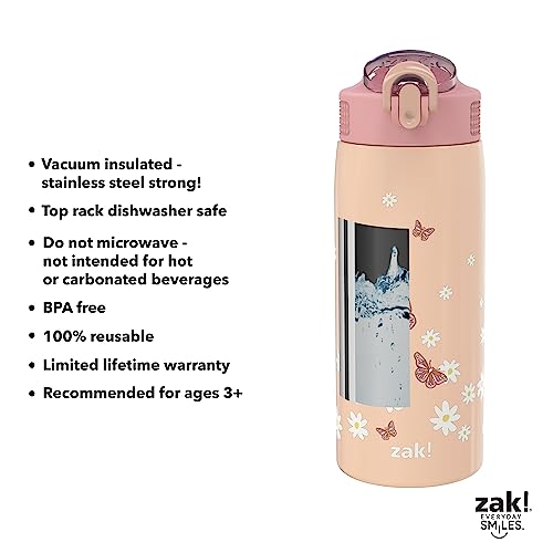 Zak Designs Water Bottle for Travel and At Home, 19 oz Vacuum Insulated Stainless Steel with Locking Spout Cover, Built-In Carrying Loop, Leak-Proof Design (Daisies)