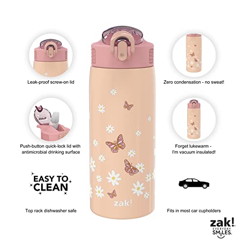 Zak Designs Water Bottle for Travel and At Home, 19 oz Vacuum Insulated Stainless Steel with Locking Spout Cover, Built-In Carrying Loop, Leak-Proof Design (Daisies)