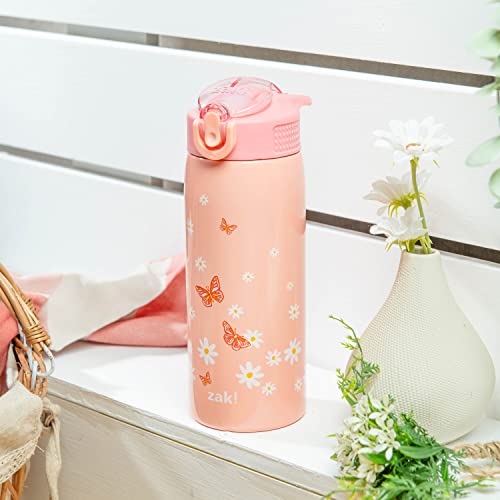 Zak Designs Water Bottle for Travel and At Home, 19 oz Vacuum Insulated Stainless Steel with Locking Spout Cover, Built-In Carrying Loop, Leak-Proof Design (Daisies)