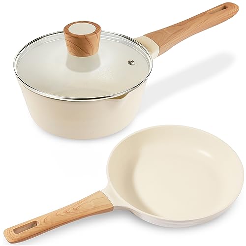 Pots and Pans Set Nonstick - YIIFEEO 3 Piece Granite Kitchen Cookware Sets 8" Non stick Frying Pan and 1.5 Qt Sauce Pan with Lid, Induction Cookware, Small Non Toxic Pans for Cooking Pasta Pot Gifts