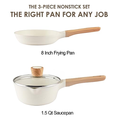 Pots and Pans Set Nonstick - YIIFEEO 3 Piece Granite Kitchen Cookware Sets 8" Non stick Frying Pan and 1.5 Qt Sauce Pan with Lid, Induction Cookware, Small Non Toxic Pans for Cooking Pasta Pot Gifts