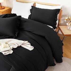 janzaa queen comforter set black comforter set 3pcs (1 ruffled comforter set and 2 pillowcases) shabby chic bedding vintage soft fluffy bed set for all season
