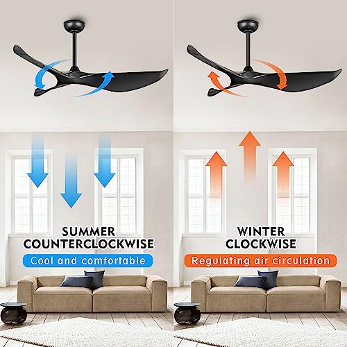 LEDLUX 52" Ceiling Fan no Light, 6 Speed Remote Control, Noiseless Reversible DC Motor, Modern 3 ABS Blades Ceiling Fan with 4.5"/12" Downrods for Bedroom/Living Room/Kitchen Black