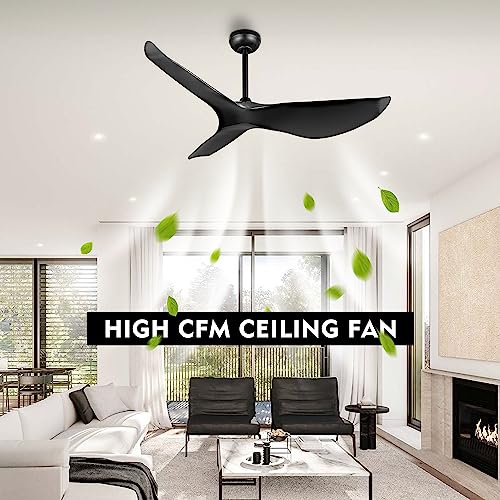 LEDLUX 52" Ceiling Fan no Light, 6 Speed Remote Control, Noiseless Reversible DC Motor, Modern 3 ABS Blades Ceiling Fan with 4.5"/12" Downrods for Bedroom/Living Room/Kitchen Black