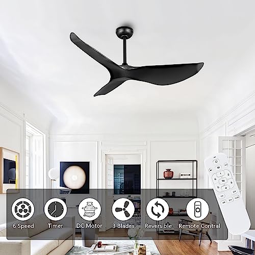 LEDLUX 52" Ceiling Fan no Light, 6 Speed Remote Control, Noiseless Reversible DC Motor, Modern 3 ABS Blades Ceiling Fan with 4.5"/12" Downrods for Bedroom/Living Room/Kitchen Black