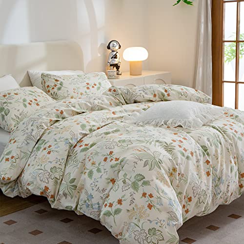 Floral Duvet Covers Queen, 100% Cotton Chic Floral Bedding Sets Queen 3 Pieces Green Red Flower Leaves Queen Duvet Cover Floral, 1 Duvet Cover and 2 Pillowcases with Zipper Closure (Flower, Queen)