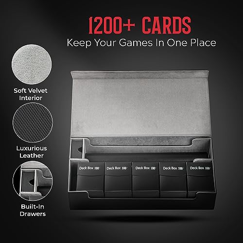 Premium Trading Card Game Deck Storage Box with 5 Deck Box, 1 Playmat, 10 Dividers, Holds 1200+ Cards, Tcg/Mtg Deck Box/YugiOh Deck Box/Pokemon Deck Box/Baseball Card Storage, PU Leather (Black)