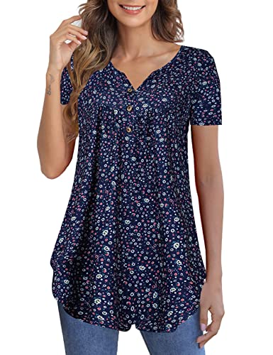 peasant tops for women tunic tops for women loose fit short sleeve flowy shirts Navy blue ditsy floral M