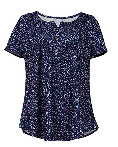 peasant tops for women tunic tops for women loose fit short sleeve flowy shirts Navy blue ditsy floral M