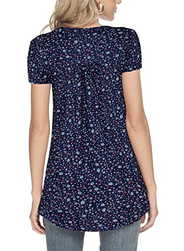 peasant tops for women tunic tops for women loose fit short sleeve flowy shirts Navy blue ditsy floral M