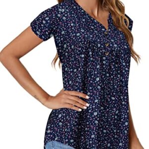 peasant tops for women tunic tops for women loose fit short sleeve flowy shirts Navy blue ditsy floral M