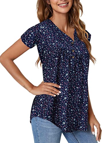 peasant tops for women tunic tops for women loose fit short sleeve flowy shirts Navy blue ditsy floral M