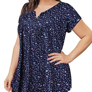 peasant tops for women tunic tops for women loose fit short sleeve flowy shirts Navy blue ditsy floral M