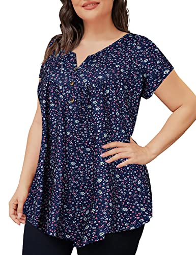 peasant tops for women tunic tops for women loose fit short sleeve flowy shirts Navy blue ditsy floral M