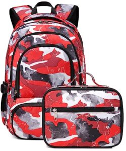 bluefairy kids backpack with lunch box for boys girls elementary middle school backpack for teens child youth camo bookbags sturdy travel gifts mochila para niños 17 inch (red)