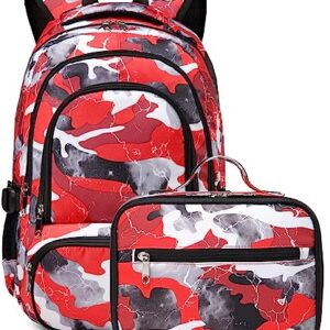 BLUEFAIRY Kids Backpack with Lunch Box for Boys Girls Elementary Middle School Backpack for Teens Child Youth Camo BookBags Sturdy Travel Gifts Mochila Para Niños 17 Inch (Red)