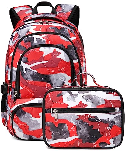 BLUEFAIRY Kids Backpack with Lunch Box for Boys Girls Elementary Middle School Backpack for Teens Child Youth Camo BookBags Sturdy Travel Gifts Mochila Para Niños 17 Inch (Red)