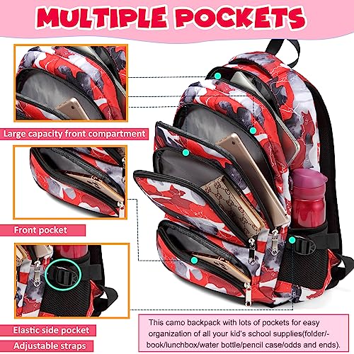 BLUEFAIRY Kids Backpack with Lunch Box for Boys Girls Elementary Middle School Backpack for Teens Child Youth Camo BookBags Sturdy Travel Gifts Mochila Para Niños 17 Inch (Red)
