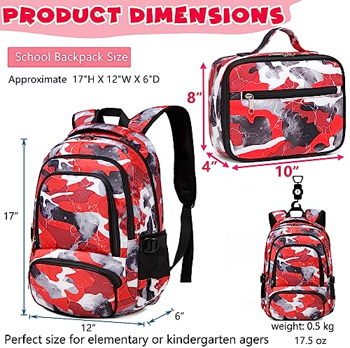 BLUEFAIRY Kids Backpack with Lunch Box for Boys Girls Elementary Middle School Backpack for Teens Child Youth Camo BookBags Sturdy Travel Gifts Mochila Para Niños 17 Inch (Red)