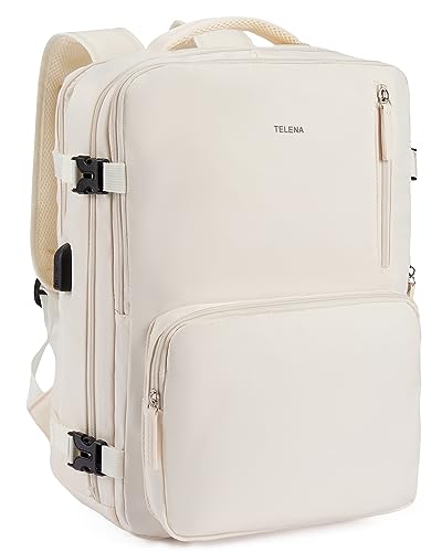 Telena Travel Backpack for Women Large Carry On Backpack Airline Approved Personal Item Backpack with USB Charging Port Waterproof Casual Bag, Beige