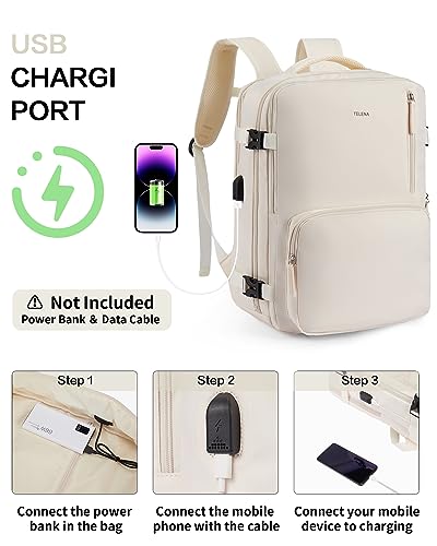 Telena Travel Backpack for Women Large Carry On Backpack Airline Approved Personal Item Backpack with USB Charging Port Waterproof Casual Bag, Beige