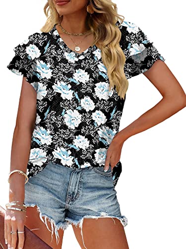 Shirts for Women Summer V Neck Ruffle Sleeve Tunic Tops to Wear with Leggings XL
