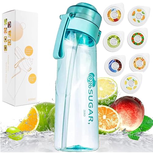 Sports Air Water Bottle BPA Free Starter up Set Drinking Bottles,650ML Fruit Fragrance Water Bottle,with 7 Flavour pods%0 Sugar Water Cup,for Gym and Outdoor Gift (Blue)